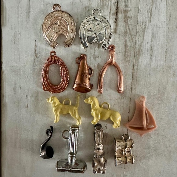 Cracker Jack Jewelry - Vintage 1940s Cracker Jack Assorted Charms Celluloid Dog Metal Copper Lot of 12